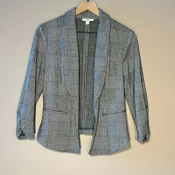 Women's S BAR lll Plaid/Herringbone Blazer Black White Open Style - Picture 2 of 8